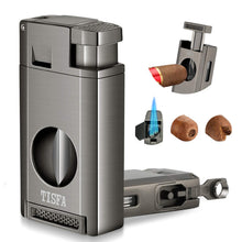 Load image into Gallery viewer, TISFA Torch Lighter with Cigar Cutter V Cut, Cigar Punch, Double Jet Flame Cigar Lighter, Refillable Butane Lighter, Cool Windproof Lighter for Smoking

