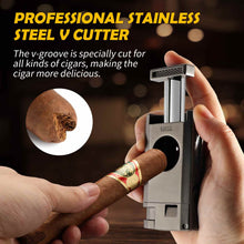 Load image into Gallery viewer, TISFA Torch Lighter with Cigar Cutter V Cut, Cigar Punch, Double Jet Flame Cigar Lighter, Refillable Butane Lighter, Cool Windproof Lighter for Smoking
