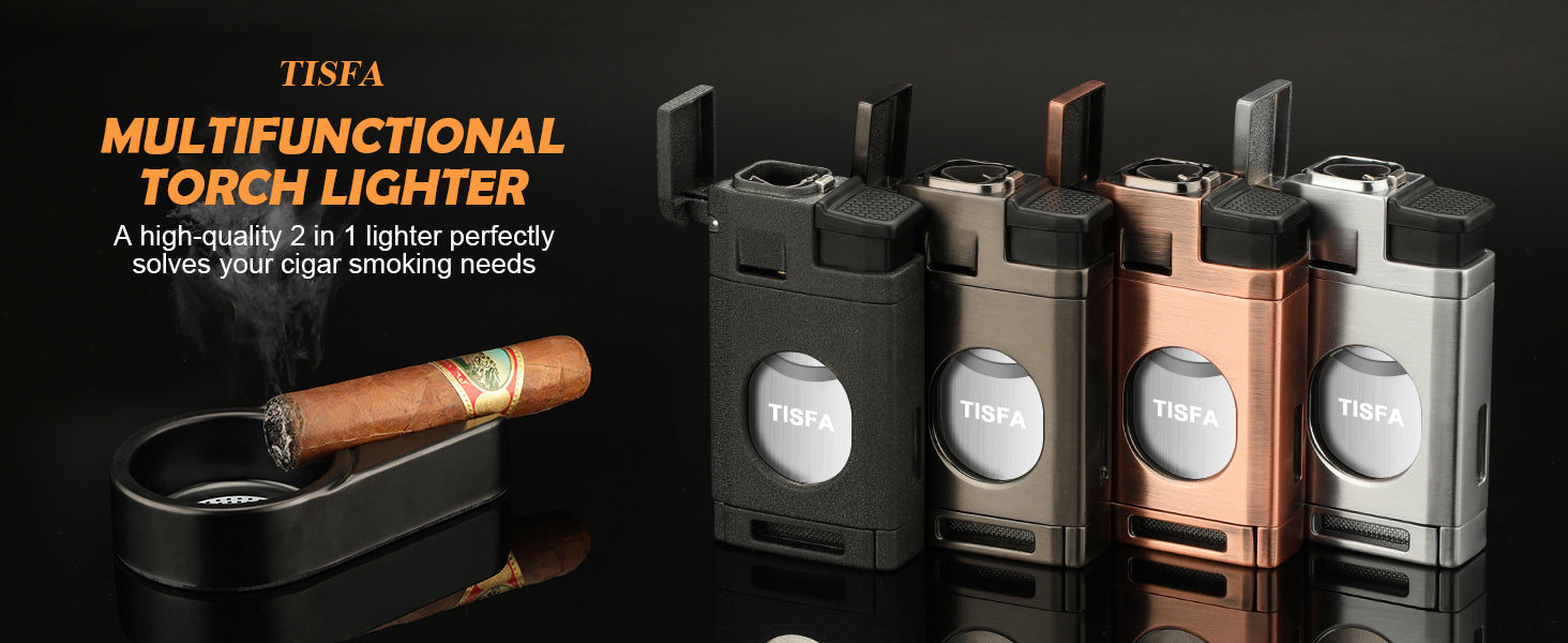 TISFA Triple Flame Torch Lighter with Built-in Cigar Cutter