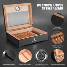Load image into Gallery viewer, XIFEI Cigar Humidor, Glass Top Carbon Fiber Texture with Hygrometer, Including Cigar Humidifier, Divider, Cedar Wood Humidor Box Holds 20-30 Cigars (9IN*7.5*2.8)

