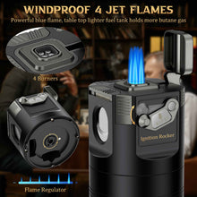 Load image into Gallery viewer, XIFEI 8-in-1 Tabletop Cigar Lighter, 4 Jet Flame Refillable Butane Torch Lighters, Straight Cutter, V-Cut Cutter, Cigar Punch, Cigar Stand, 3 Ashtrays, 3 Draw Enhancer Tools
