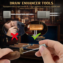 Load image into Gallery viewer, XIFEI 8-in-1 Tabletop Cigar Lighter, 4 Jet Flame Refillable Butane Torch Lighters, Straight Cutter, V-Cut Cutter, Cigar Punch, Cigar Stand, 3 Ashtrays, 3 Draw Enhancer Tools

