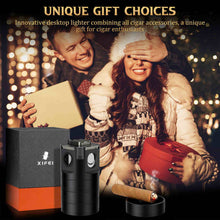 Load image into Gallery viewer, XIFEI 8-in-1 Tabletop Cigar Lighter, 4 Jet Flame Refillable Butane Torch Lighters, Straight Cutter, V-Cut Cutter, Cigar Punch, Cigar Stand, 3 Ashtrays, 3 Draw Enhancer Tools
