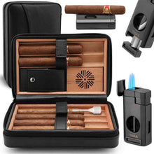 Load image into Gallery viewer, TISFA Travel Humidor, Leather Cigar Case with Cedar Wood Interior, All-in-One Cigar Lighter, V-Cut Cutter, Cigar Rest, Compact Travel Humidor with Built-in Humidifier
