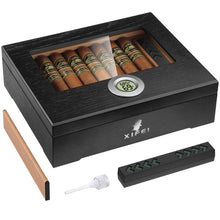 Load image into Gallery viewer, XIFEI Wooden Humidor, Glass Top Cigar Box with Digital Hygrometer, Humidifier and Divider, Desktop Cedar Wood Cigar Humidor Holds 20-30 Cigars
